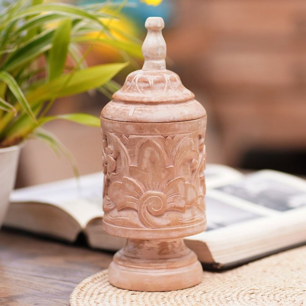 Mahogany Wood Cylindrical Decorative Jar with Floral Motifs 'Antique Flower'