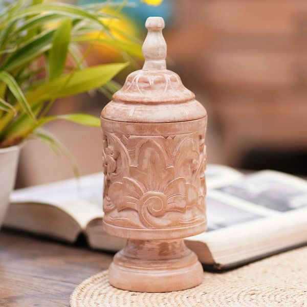 Alternate image for Mahogany Wood Cylindrical Decorative Jar with Floral Motifs Antique Flower
