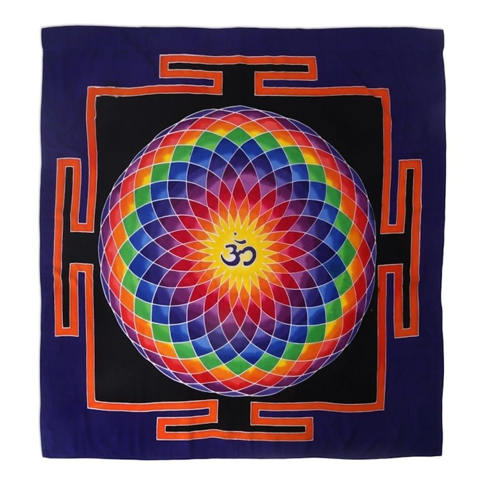 Colorful Om Batik Rayon Wall Hanging from Bali 'Om Dream in Black'