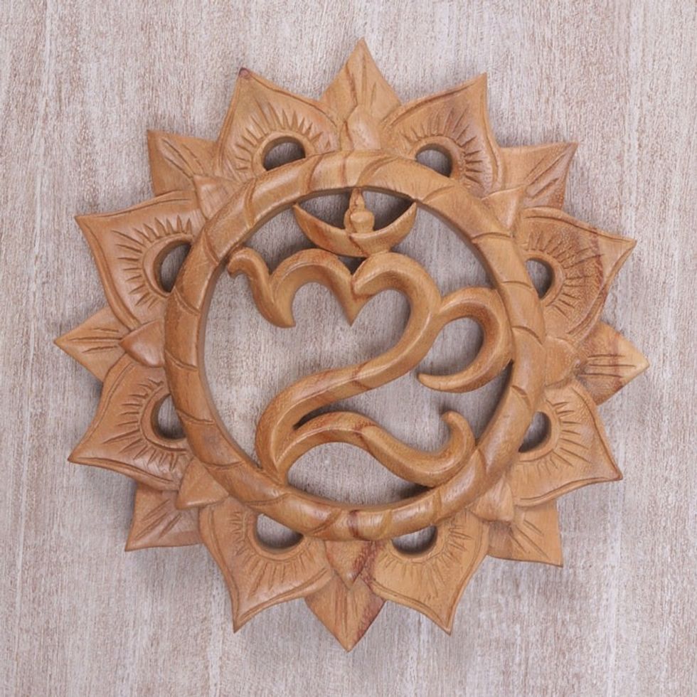Hand Carved Suar Wood Wall Hanging Sanskrit Om 'Sunnyside Om'