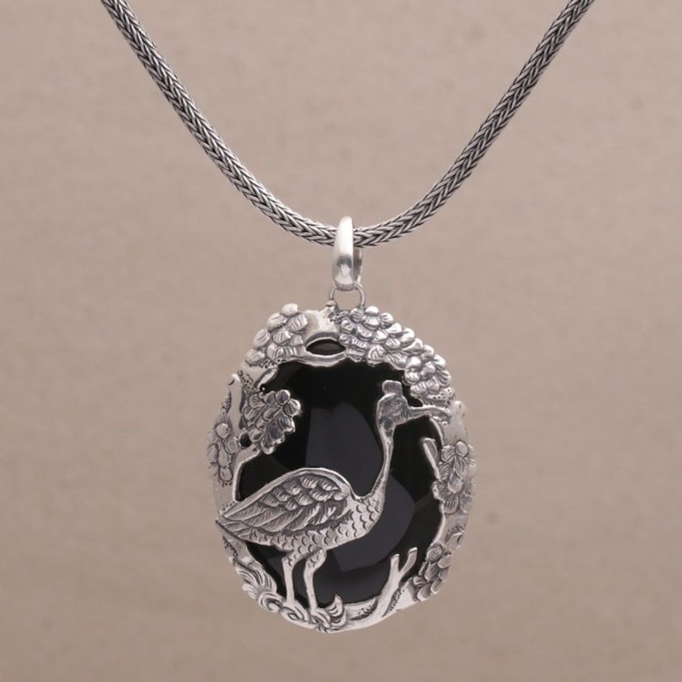 Onyx and Sterling Silver Bird-Themed Necklace from Bali 'Mother Heron'