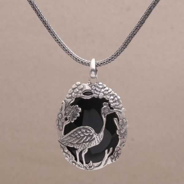 Alternate image for Onyx and Sterling Silver Bird-Themed Necklace from Bali Mother Heron