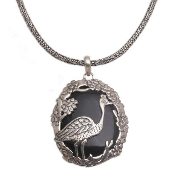 Alternate image for Onyx and Sterling Silver Bird-Themed Necklace from Bali Mother Heron
