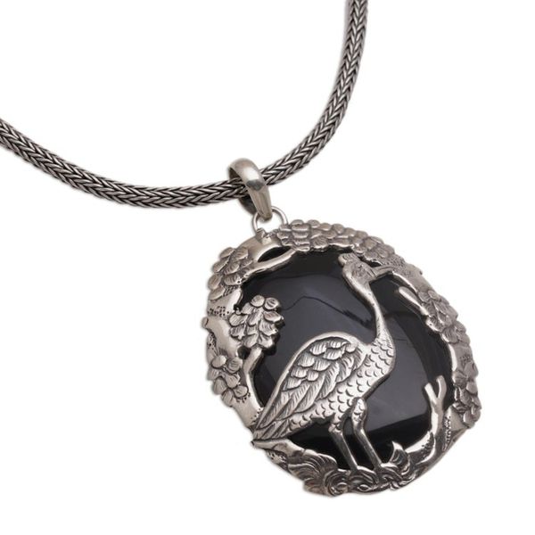 Alternate image for Onyx and Sterling Silver Bird-Themed Necklace from Bali Mother Heron