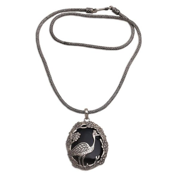 Alternate image for Onyx and Sterling Silver Bird-Themed Necklace from Bali Mother Heron