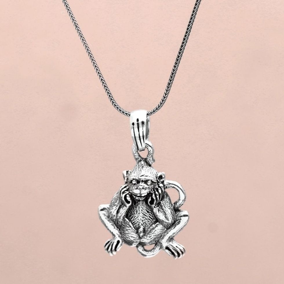 Sterling Silver Lutung Monkey Pendant Necklace from Bali 'Smiling Lutung'