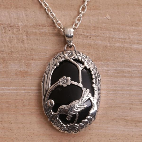 Alternate image for Onyx and 925 Silver Bird-Themed Pendant Necklace from Bali Avian Curiosity