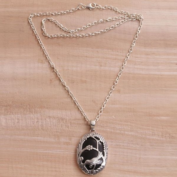 Alternate image for Onyx and 925 Silver Bird-Themed Pendant Necklace from Bali Avian Curiosity