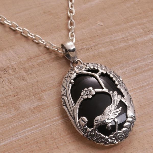Alternate image for Onyx and 925 Silver Bird-Themed Pendant Necklace from Bali Avian Curiosity
