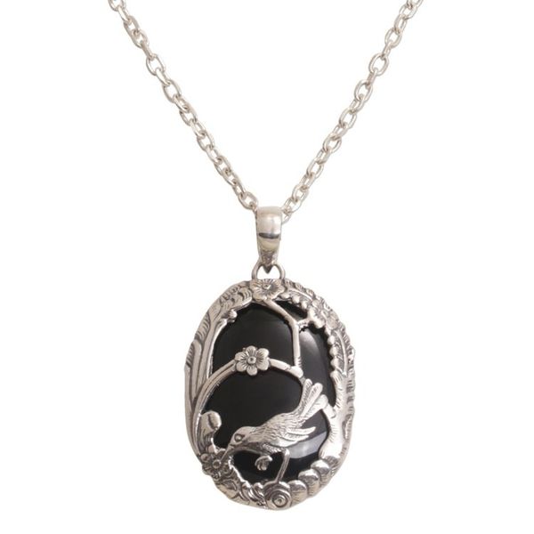 Alternate image for Onyx and 925 Silver Bird-Themed Pendant Necklace from Bali Avian Curiosity