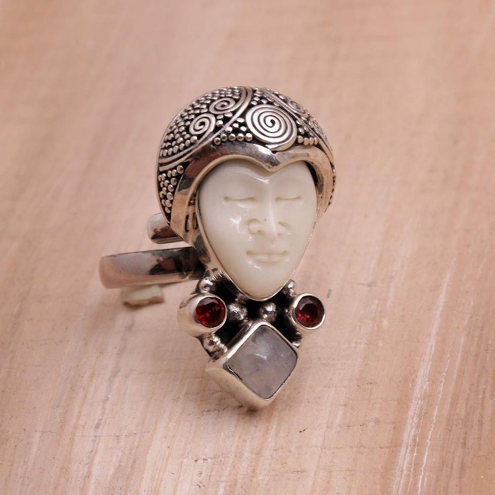 Rainbow Moonstone and Garnet Face Shaped Ring from Bali 'Honored Knight'