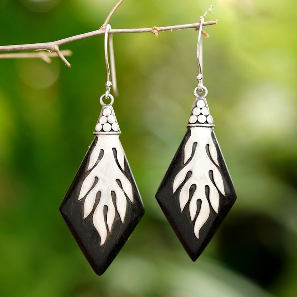 Sterling Silver and Sono Wood Diamond Shaped Earrings 'Diamond Flame'