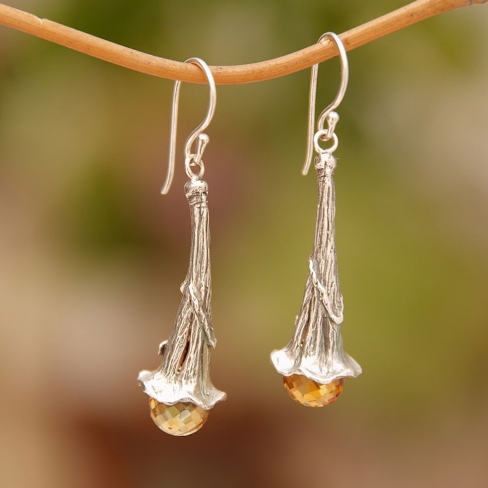 Citrine and Sterling Silver Floral Earrings from Bali 'Petal Drops'