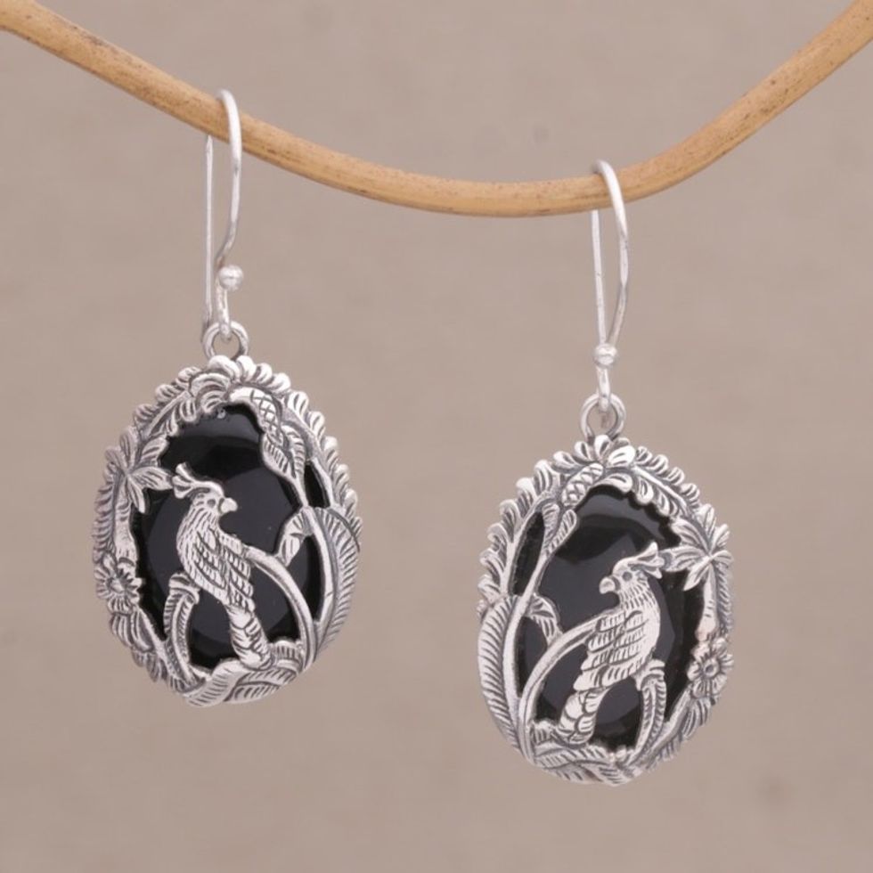Onyx and Sterling Silver Cockatoo Dangle Earrings from Bali 'Cockatoo Garden'