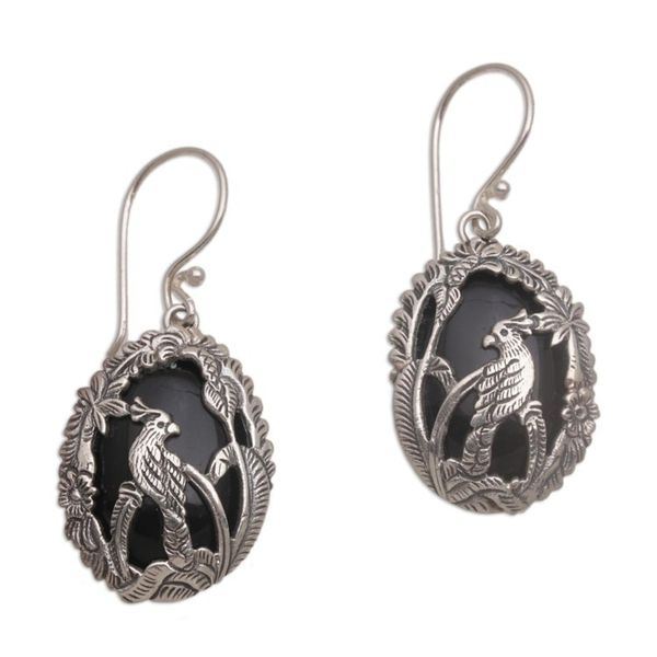 Alternate image for Onyx and Sterling Silver Cockatoo Dangle Earrings from Bali Cockatoo Garden