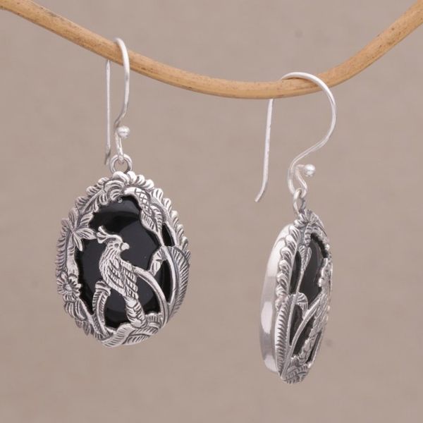 Alternate image for Onyx and Sterling Silver Cockatoo Dangle Earrings from Bali Cockatoo Garden