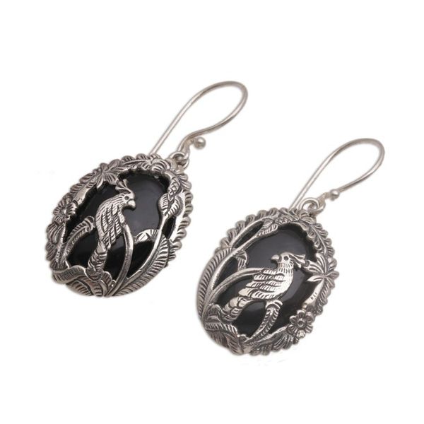 Alternate image for Onyx and Sterling Silver Cockatoo Dangle Earrings from Bali Cockatoo Garden