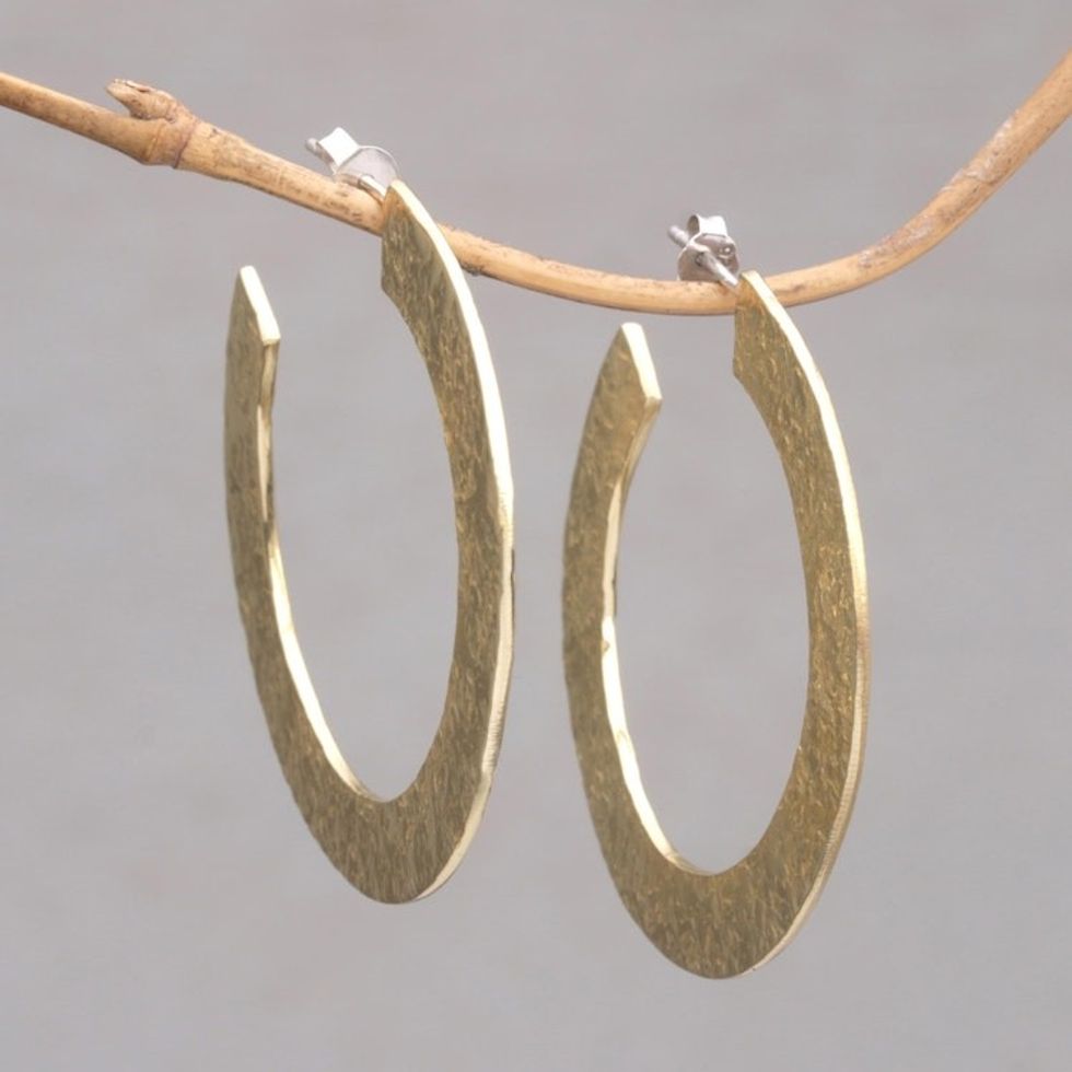 Textured Brass Half-Hoop Earrings with Sterling Silver Posts 'Infinity Yellow'