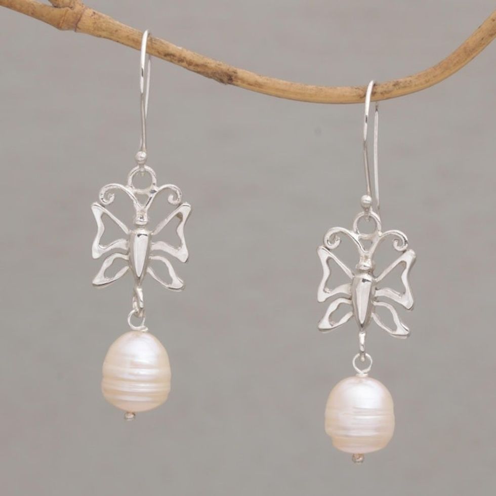 Cultured Pearl Butterfly Dangle Earrings from Bali 'Butterfly Eden'