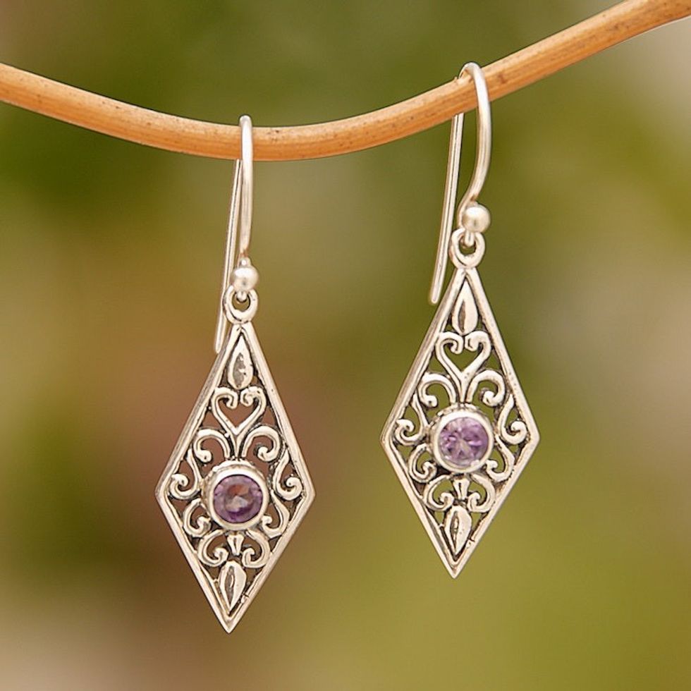 Handmade Amethyst and Sterling Silver Dangle Earrings 'Diamond Vines'