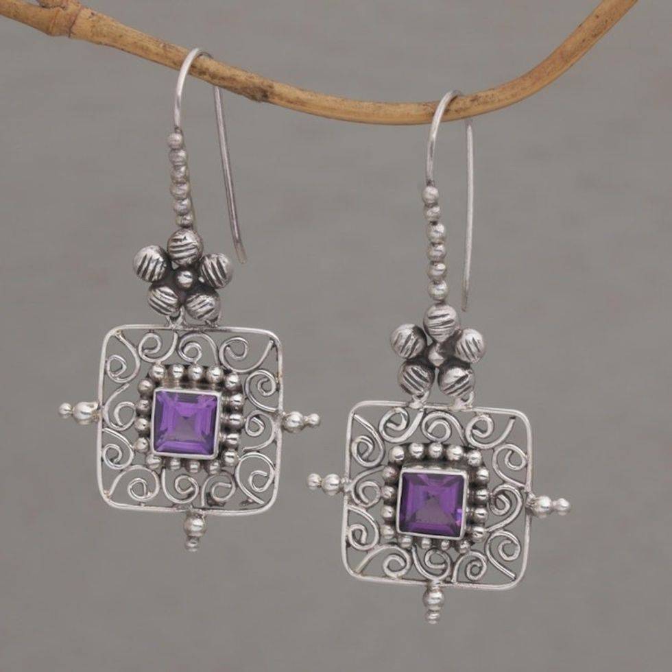 Floral Amethyst and Silver Dangle Earrings from Bali 'Floral Squares'