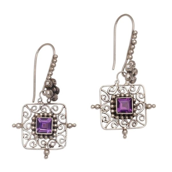 Alternate image for Floral Amethyst and Silver Dangle Earrings from Bali Floral Squares