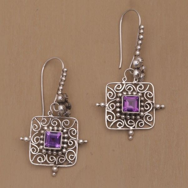 Alternate image for Floral Amethyst and Silver Dangle Earrings from Bali Floral Squares