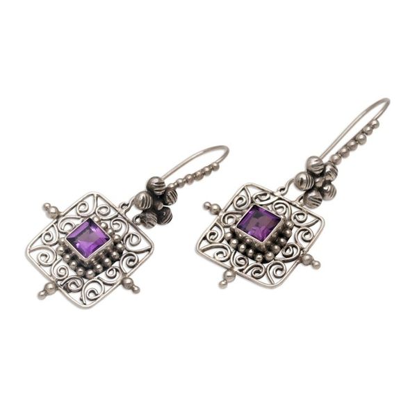 Alternate image for Floral Amethyst and Silver Dangle Earrings from Bali Floral Squares