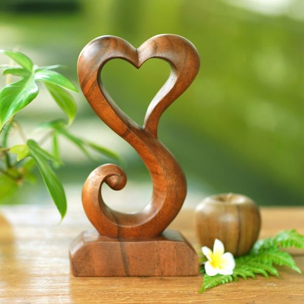 Alternate image for Hand Crafted Suar Wood Open Heart Statuette Home Decor Tangled Love