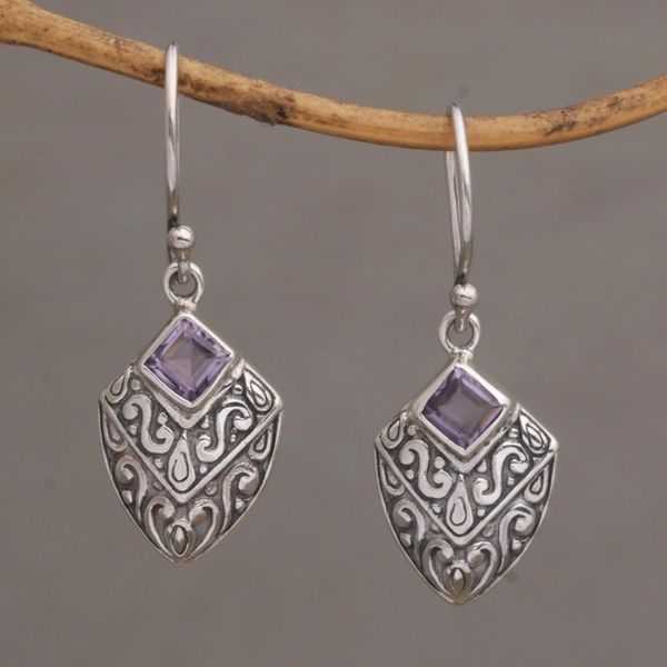 Alternate image for Handcrafted Balinese Amethyst and Sterling Silver Earrings Rain Forest Beacon