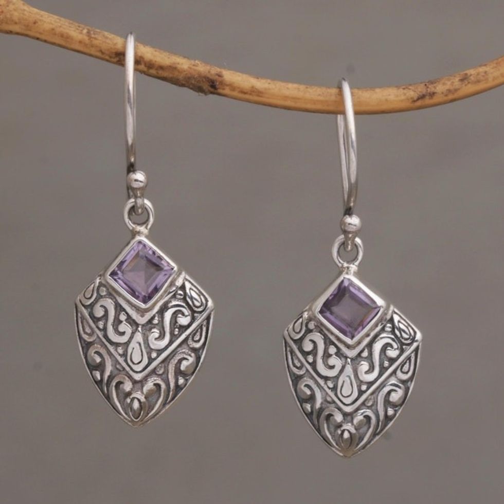 Handcrafted Balinese Amethyst and Sterling Silver Earrings 'Rain Forest Beacon'