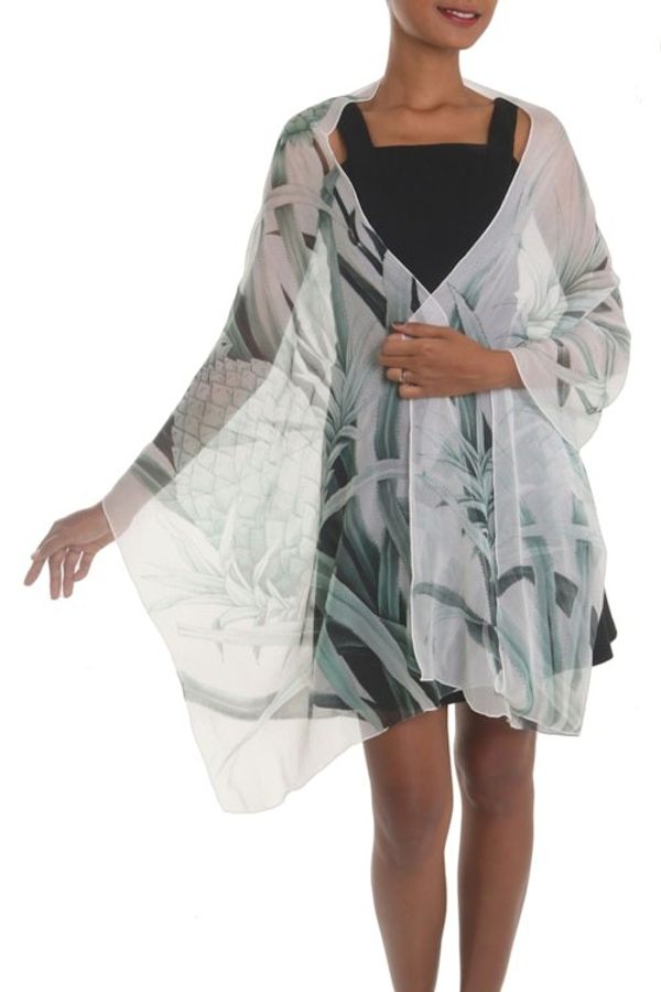 Alternate image for Pineapple-Themed Silk Shawl in Celadon and Smoke from Bali Celadon Pineapple