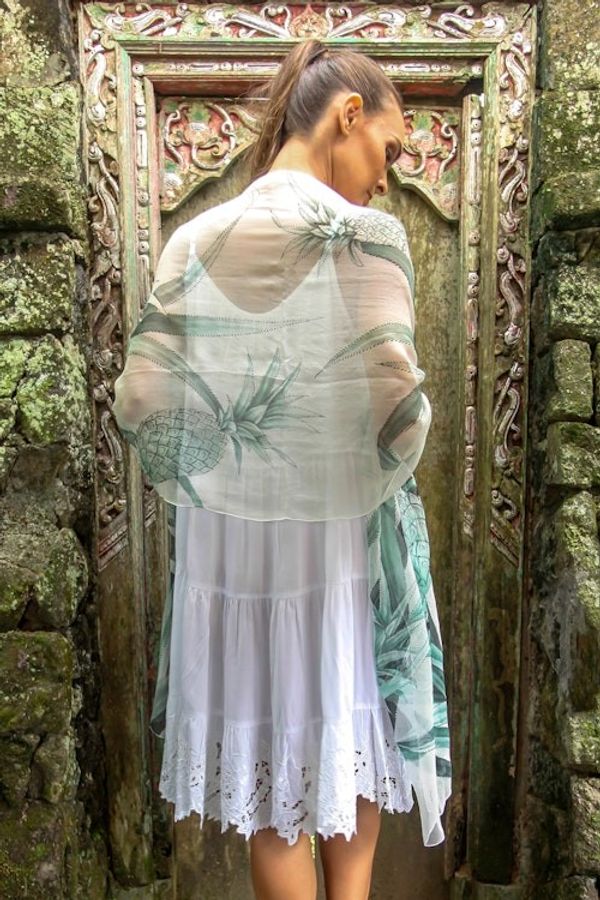 Alternate image for Pineapple-Themed Silk Shawl in Celadon and Smoke from Bali Celadon Pineapple