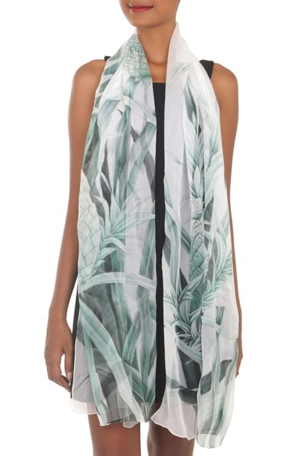 Alternate image for Pineapple-Themed Silk Shawl in Celadon and Smoke from Bali Celadon Pineapple