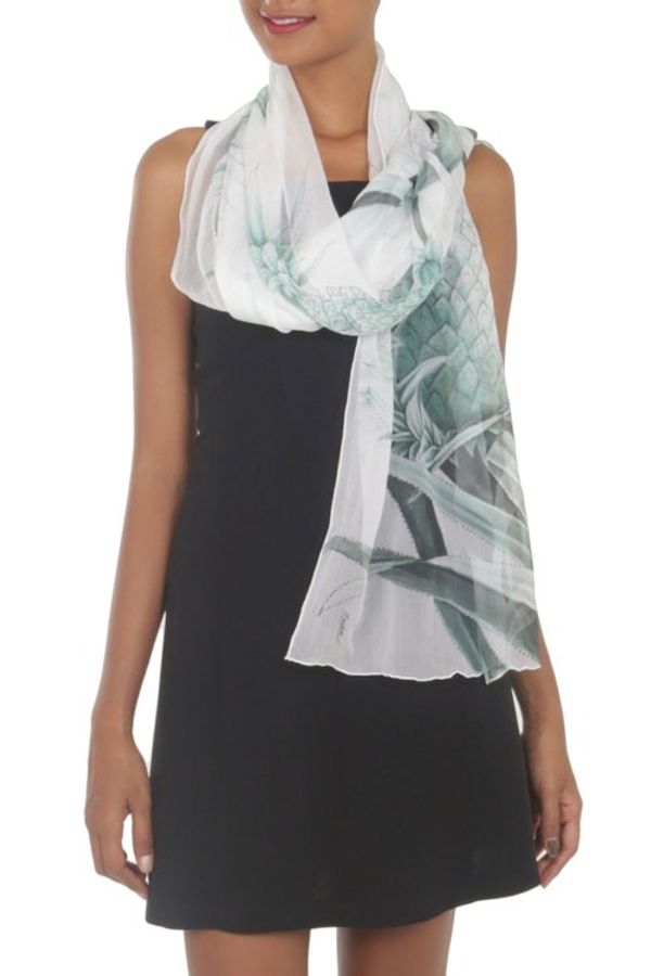 Alternate image for Pineapple-Themed Silk Shawl in Celadon and Smoke from Bali Celadon Pineapple