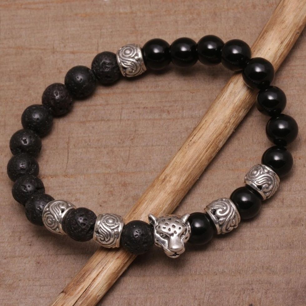 Onyx Leopard Beaded Stretch Bracelet from Bali 'Leopard Strength'