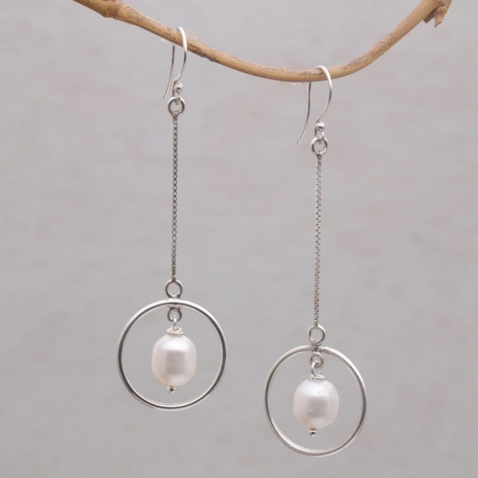 Pearl and Sterling Silver Dangle Earrings from Bali 'Pebble Rings'