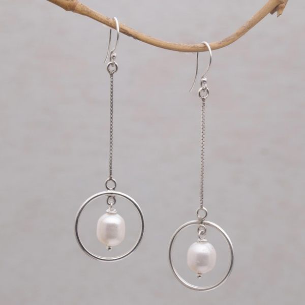 Alternate image for Pearl and Sterling Silver Dangle Earrings from Bali Pebble Rings
