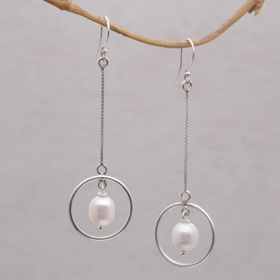 Pearl and Sterling Silver Dangle Earrings from Bali 'Pebble Rings'