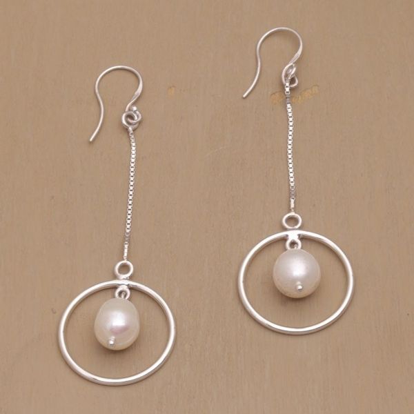 Alternate image for Pearl and Sterling Silver Dangle Earrings from Bali Pebble Rings