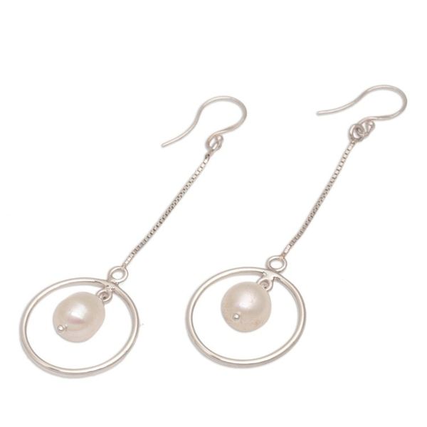 Alternate image for Pearl and Sterling Silver Dangle Earrings from Bali Pebble Rings