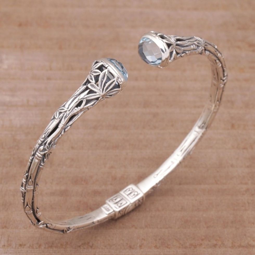 Bali Sterling Silver Bamboo Cuff Bracelet with Blue Topaz 'Bedugul Bamboo'