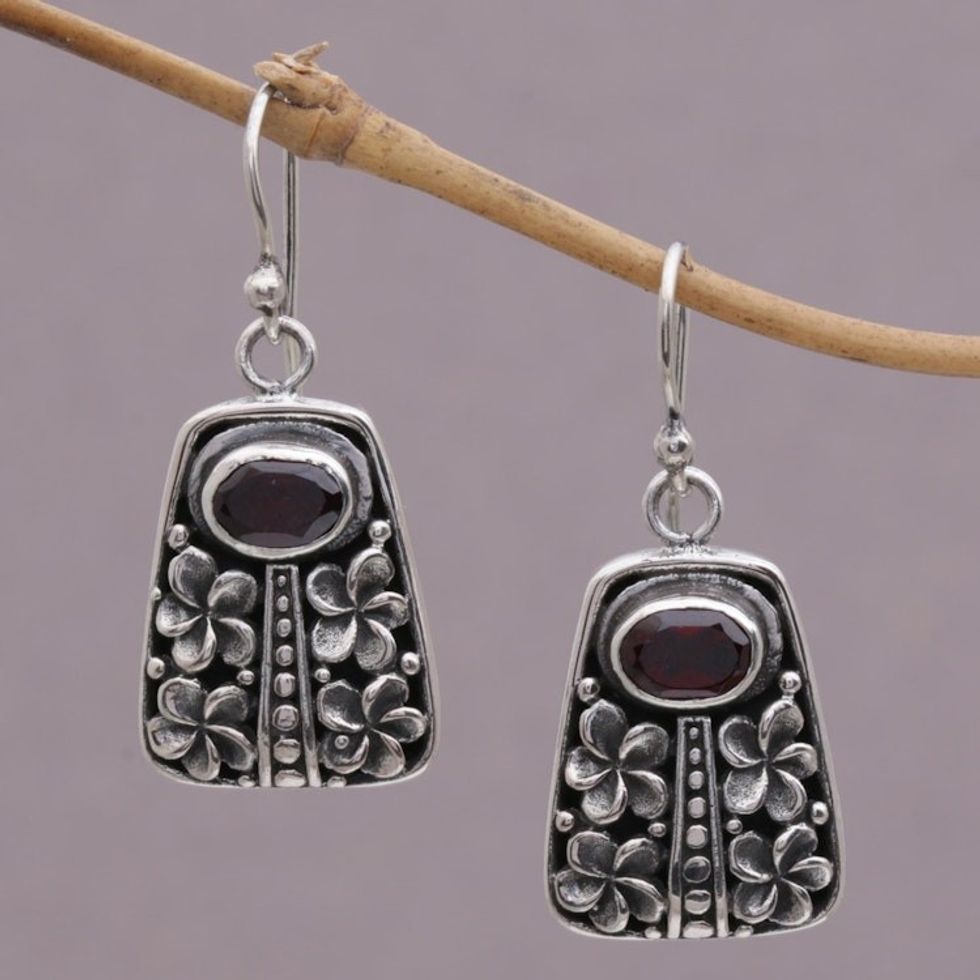 Garnet and Sterling Silver Floral Dangle Earrings from Bali 'Jepun Pura'