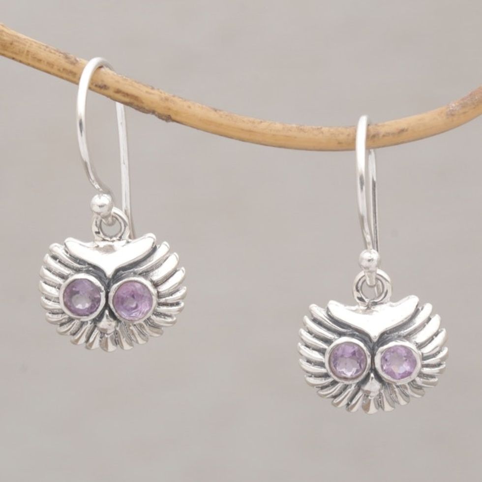Amethyst and Sterling Silver Owl Dangle Earrings from Bali 'Opulent Owl'
