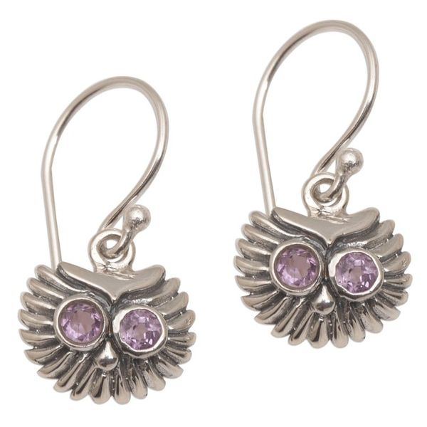 Alternate image for Amethyst and Sterling Silver Owl Dangle Earrings from Bali Opulent Owl