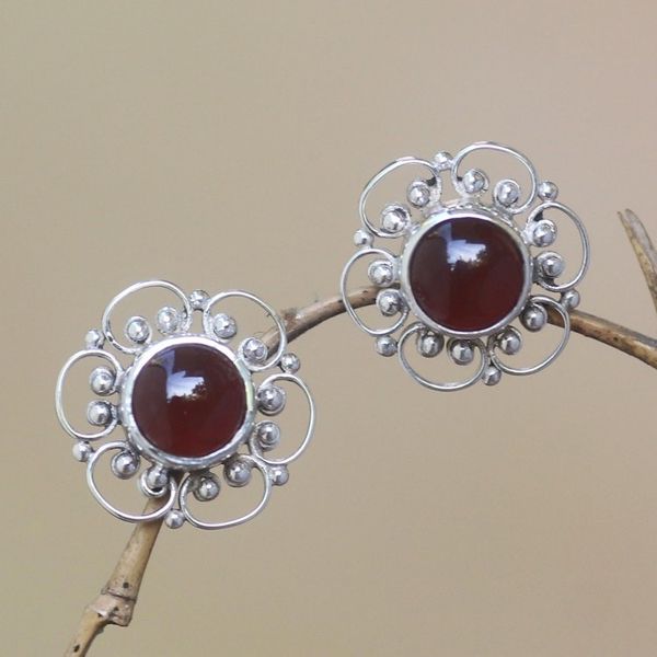 Alternate image for Floral Carnelian Button Earrings from Bali Red Jepun