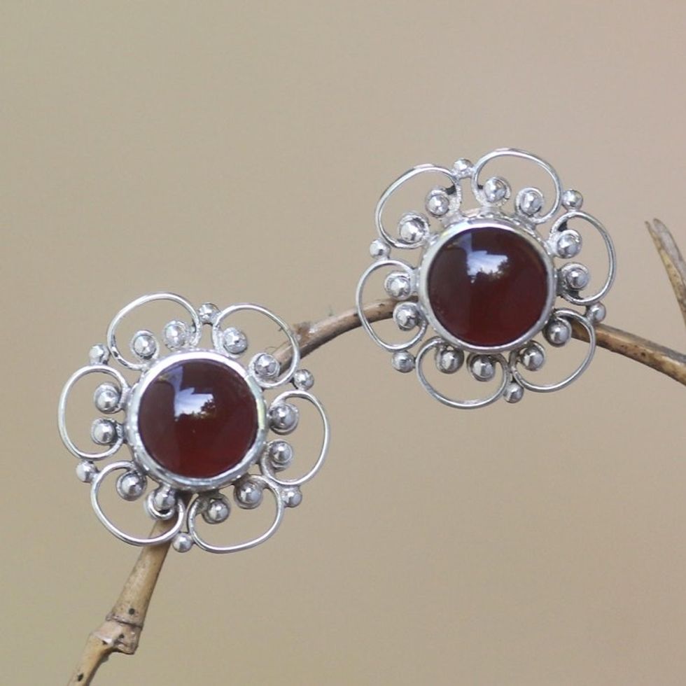 Floral Carnelian Button Earrings from Bali 'Red Jepun'