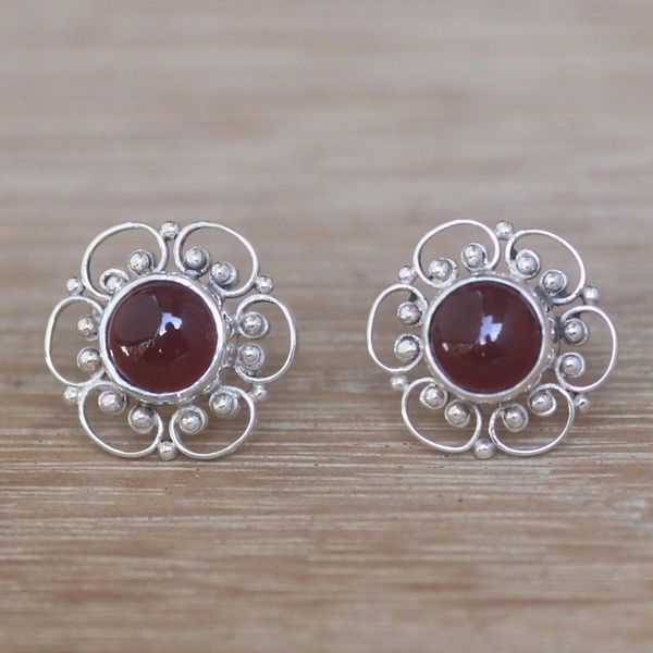 Alternate image for Floral Carnelian Button Earrings from Bali Red Jepun