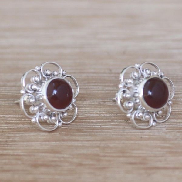 Alternate image for Floral Carnelian Button Earrings from Bali Red Jepun