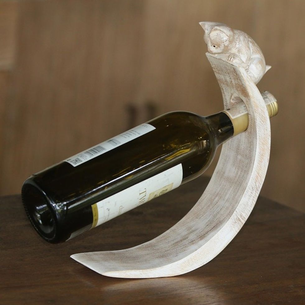 Handcrafted Suar Wood Cat Bottle Holder in White from Bali 'White Peeking Kitten'
